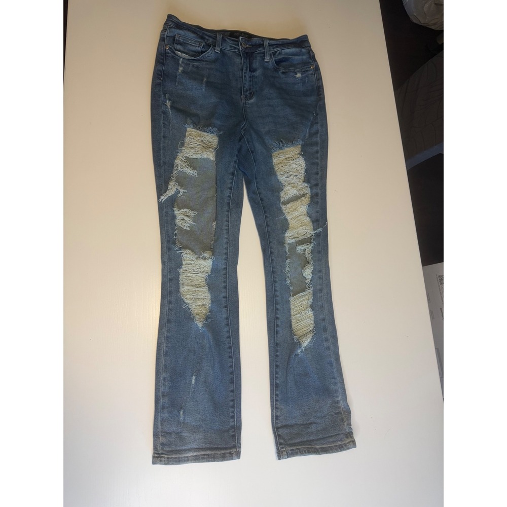 Judy Blue 11/30 Straight Fit Distressed Shredded Jeans Medium Wash JB88446-MD-CO